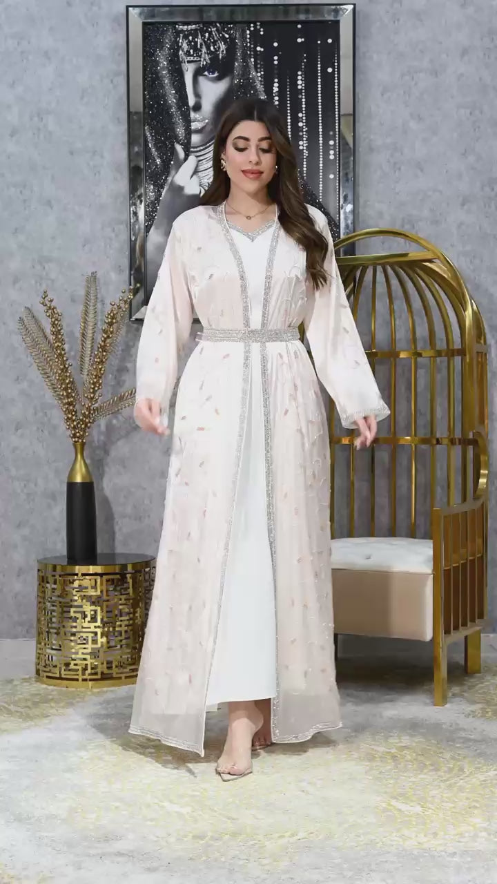Diamond Trim Embroidered Kaftan with Inner Dress | Modest Evening Wear | 4 Colors | Sizes S-XL | MH