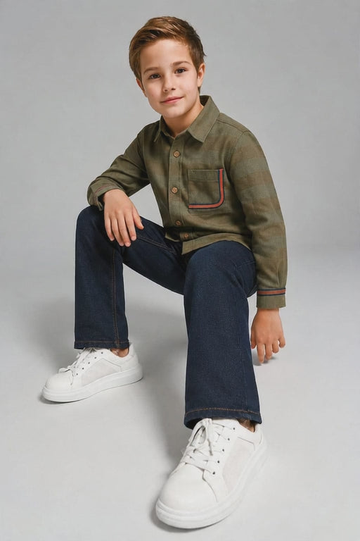 Olive Horizon: Boys’ Striped Long-Sleeve Button-Down with Contrast Pocket Shirt,Size 3-14Years I MH