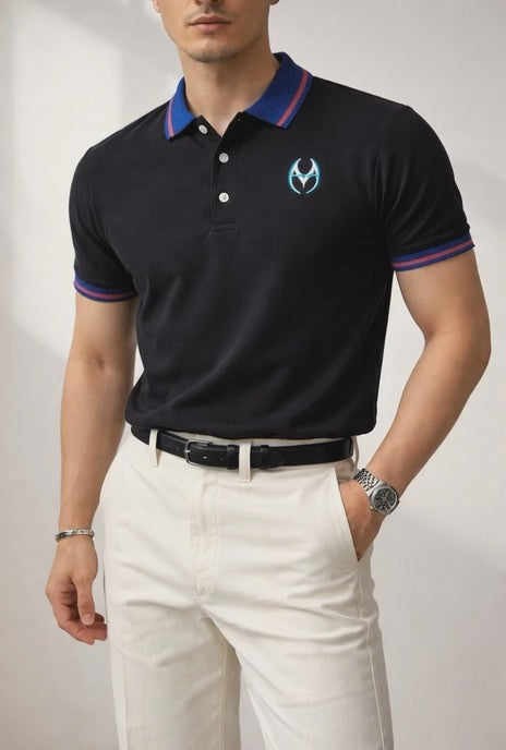 Midnight Black Contrast Collar Polo with Signature MH Logo Detail | MH