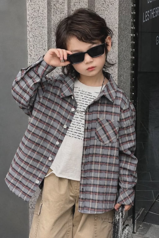 Classic Plaid Button-Up Shirt with Casual Denim Kids Outfit