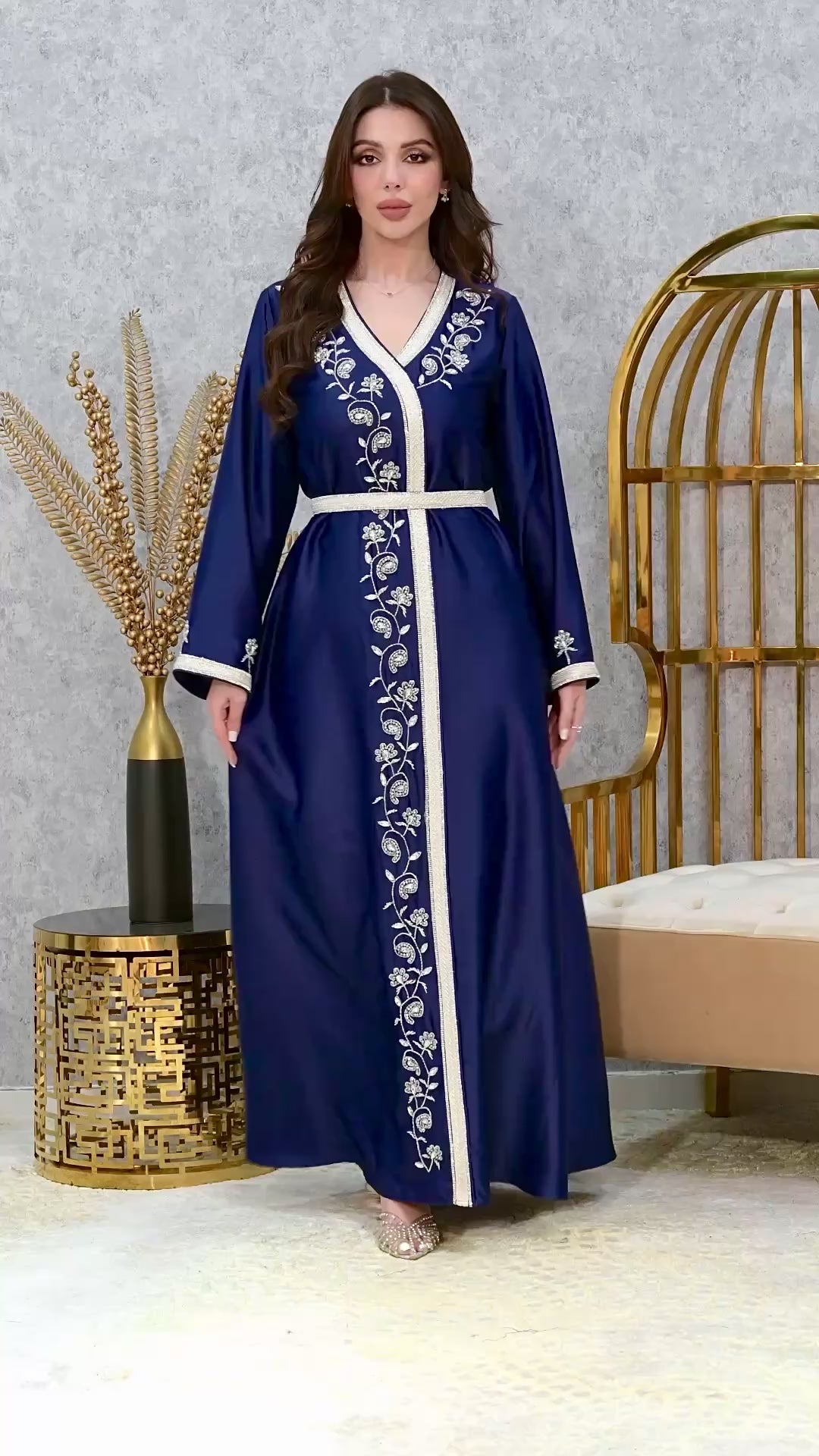 Crystal Embroidered Moroccan Caftan with Belt | Luxury Jalabiya Dress | 5 Colors | Sizes M-XXL | MH