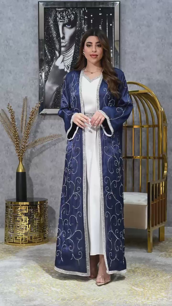 Diamond Trim Embroidered Kaftan with Inner Dress | Modest Evening Wear | 4 Colors | Sizes S-XL | MH