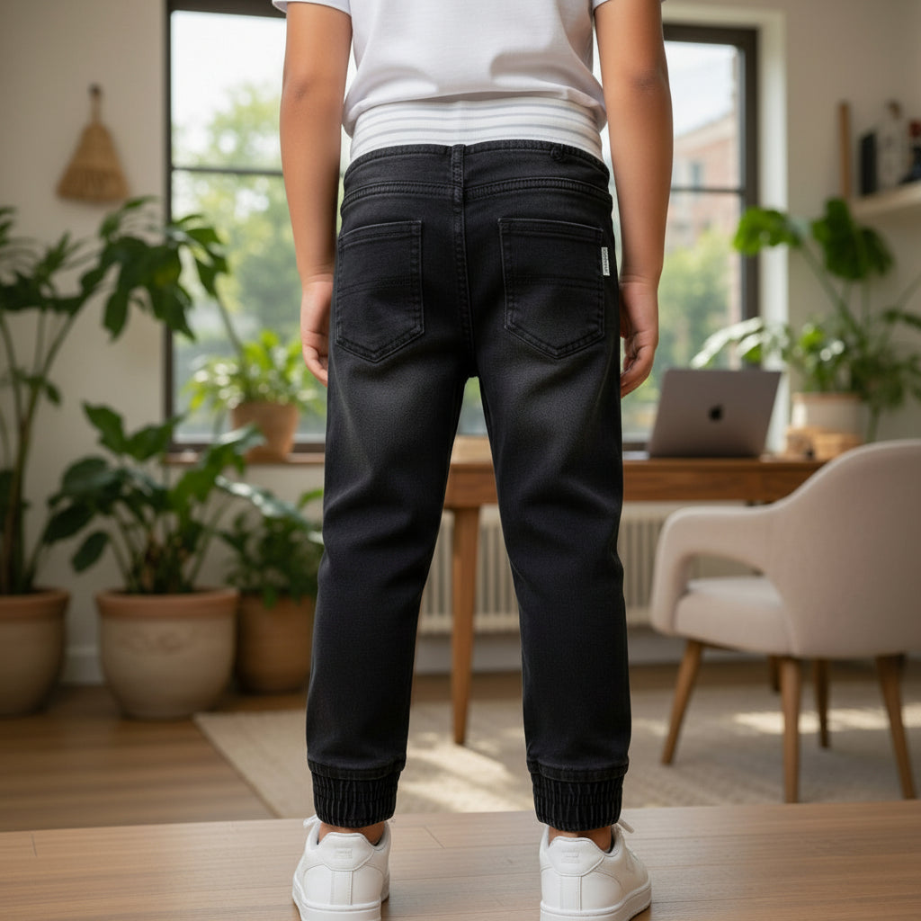 Boys Black Denim Jogger Jeans 7-12 Years - Casual Drawstring Denim Pants with Side Stripes | MH