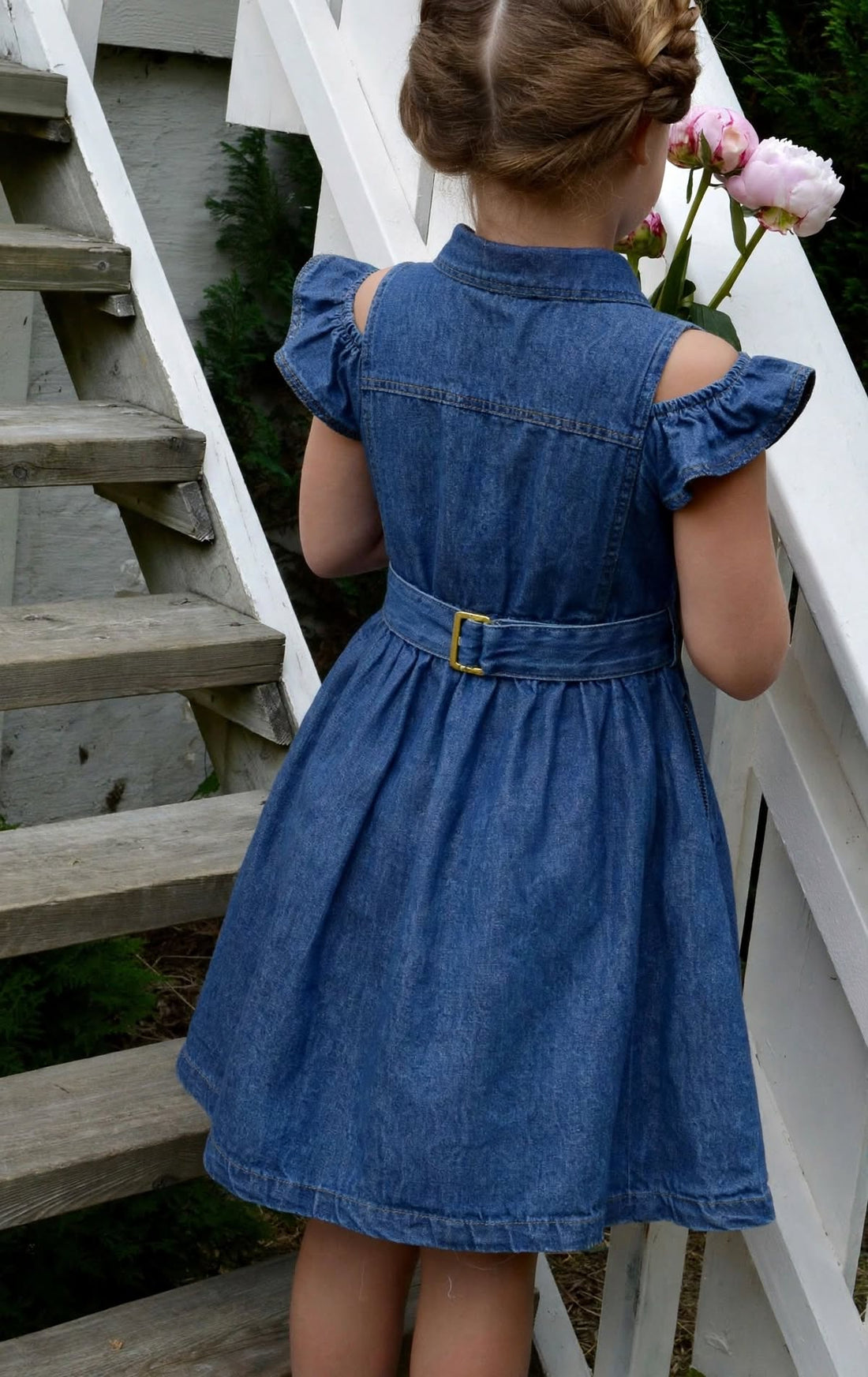 Girls Blue Denim Cold Shoulder Dress with Ruffle Sleeves & Belt – Casual Party Outfit (2–12 Years)