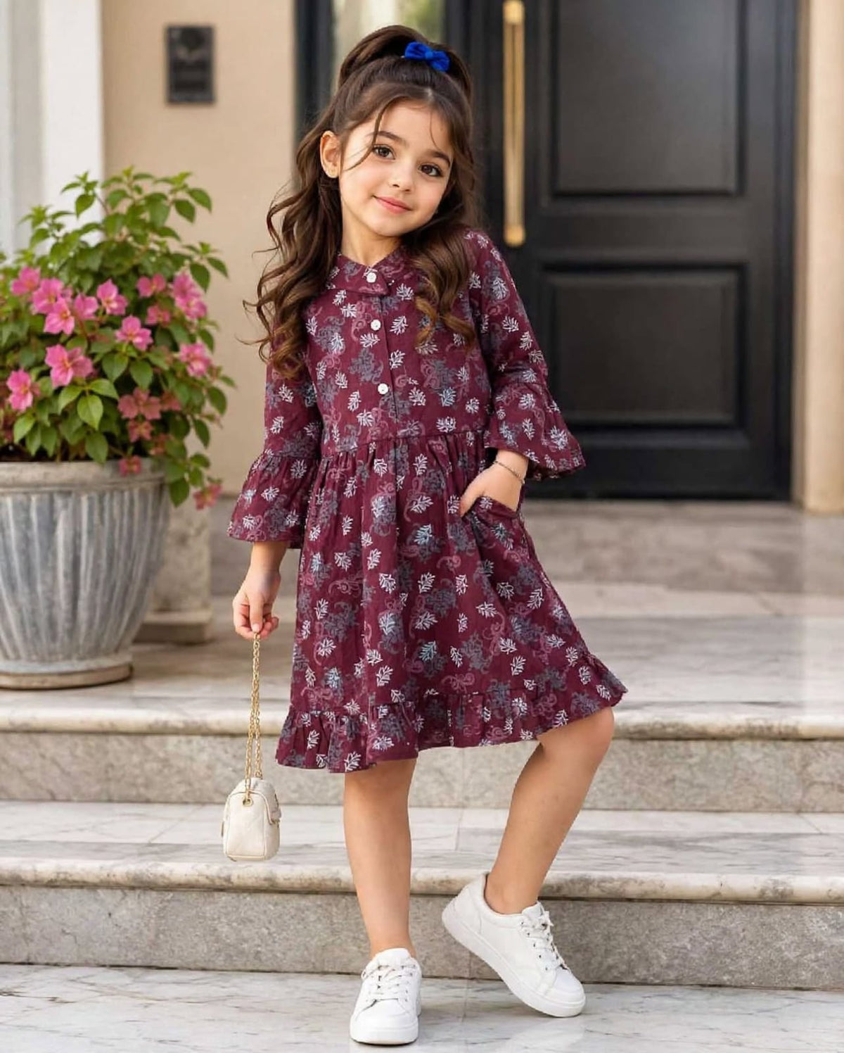 Girls' Floral Long Sleeve Flare Dress – Ruffle Cuff Cotton Party Dress (2-12 Years) | MH