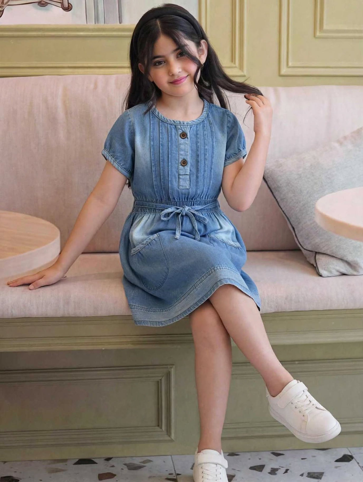 Girls Light Blue Denim Short Sleeve Dress | Brown Buttons Drawstring Waist Front Pockets | Casual Smart | Ages 2–12 Years | MH