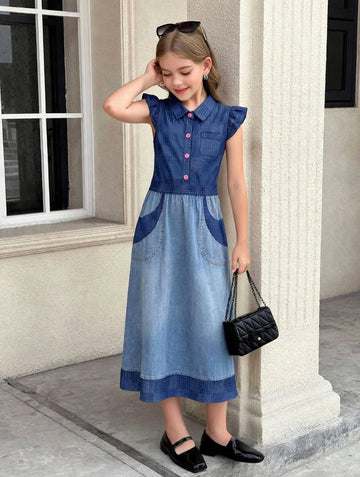 Girls Premium Denim Patchwork Dress with Pink Buttons (2–12 Years) | MH Kids UAE
