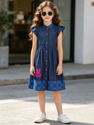 Sleeveless Button-Front Denim Dress with Cute Bunny Patch Detail |MH Size (2-12Years)