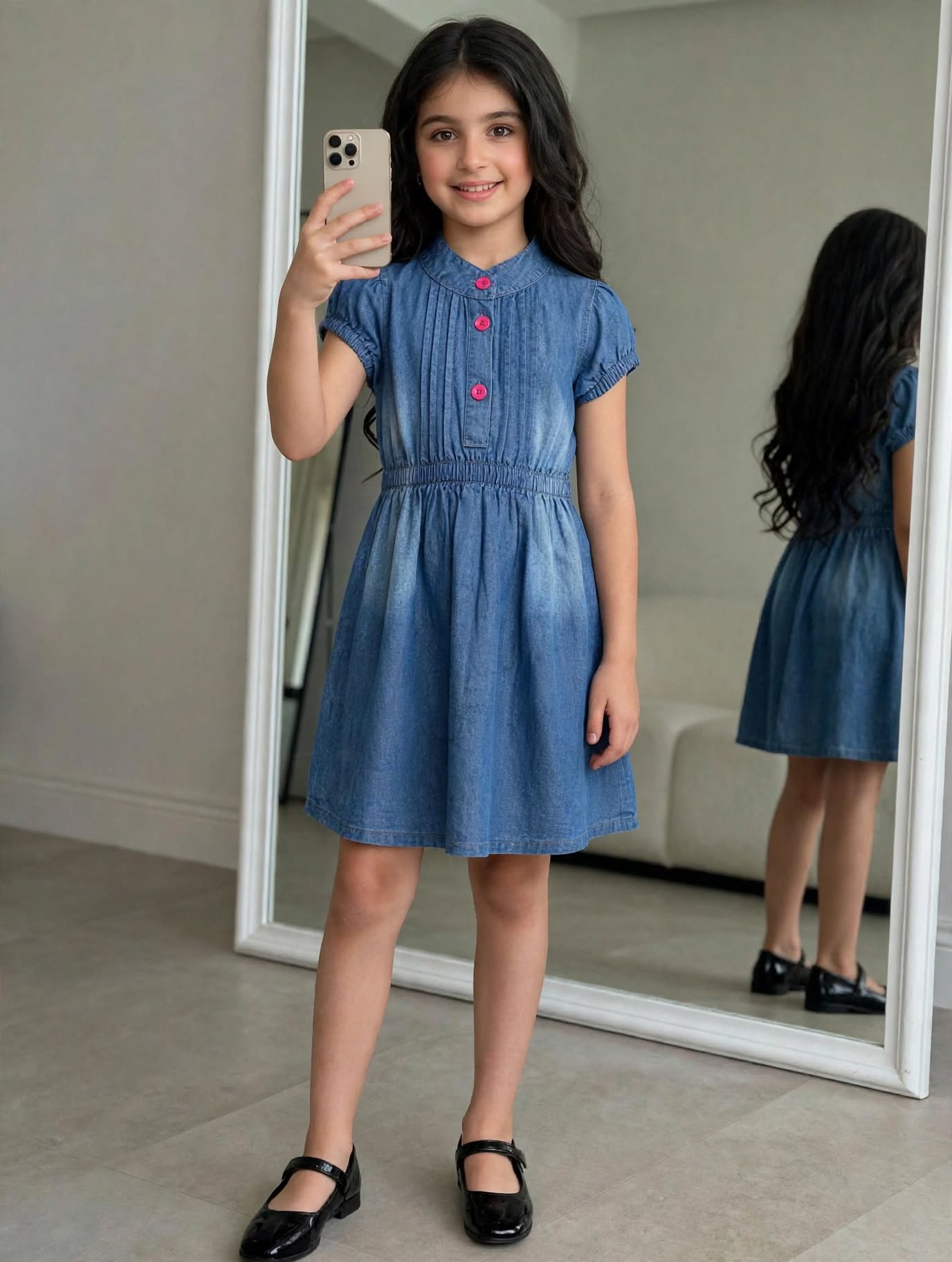 Girls Mid Blue Denim Puff Sleeve Dress | Mandarin Collar Pink Buttons Elasticated Waist | Smart Casual | Ages 2–12 Years | MH