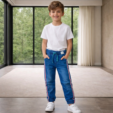 Boys Blue Denim Jogger Jeans 7-12 Years - Casual Drawstring Denim Pants with Side Stripes | MH
