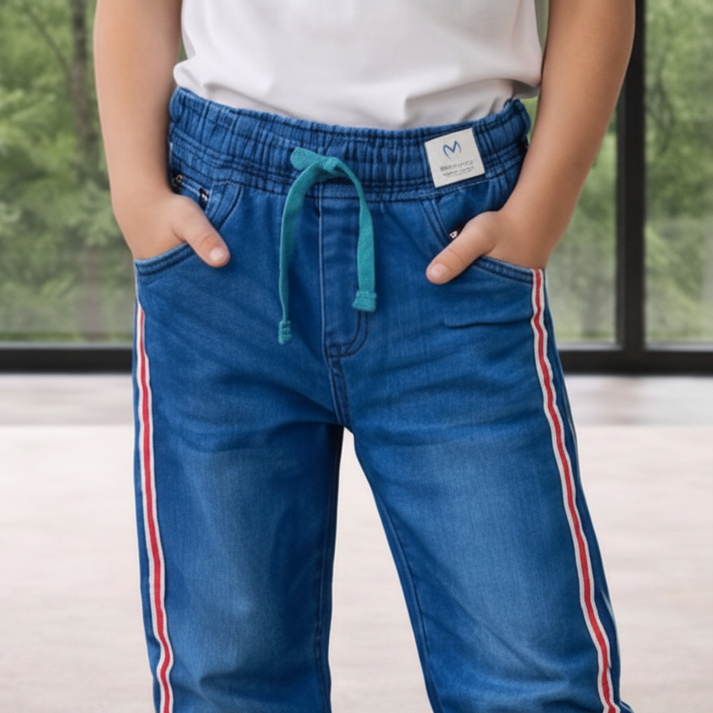 Boys Blue Denim Jogger Jeans 7-12 Years - Casual Drawstring Denim Pants with Side Stripes | MH