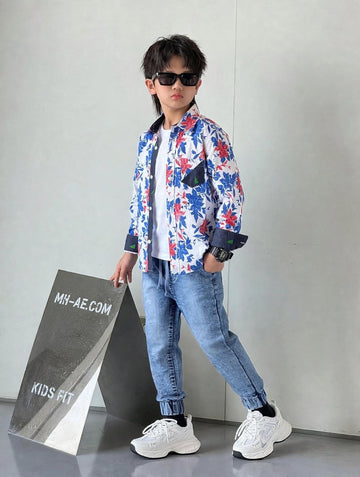 Boys White Blue & Coral Tropical Floral Print Long Sleeve Shirt | Navy Contrast Pocket | Ages 3–14 Years | MH