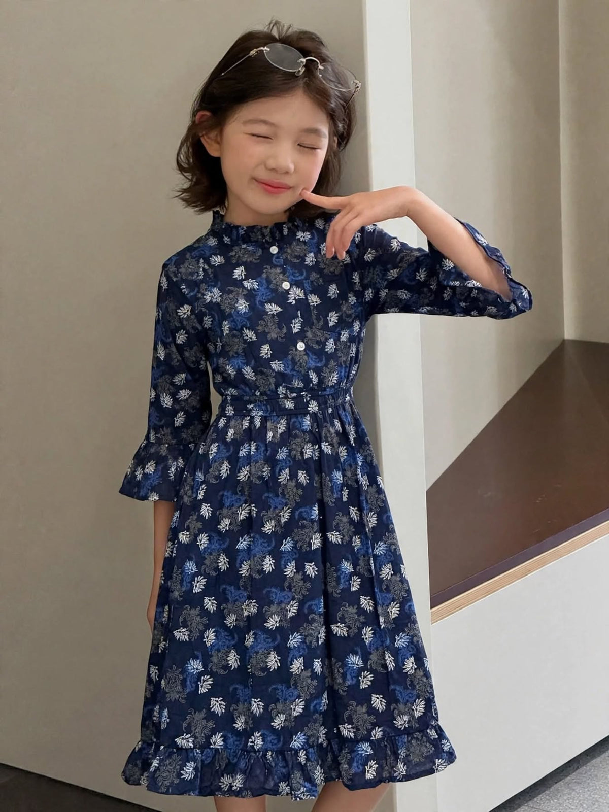 Girls' Floral Long Sleeve Flare Dress – Ruffle Cuff Cotton Party Dress (2-12 Years) | MH