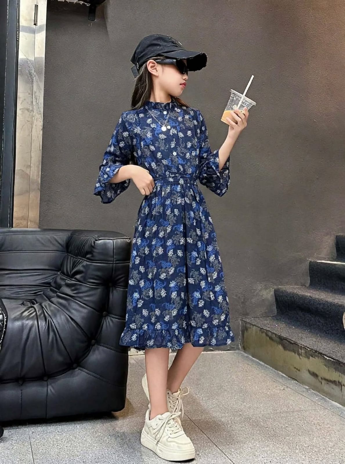 Girls' Floral Long Sleeve Flare Dress – Ruffle Cuff Cotton Party Dress (2-12 Years) | MH