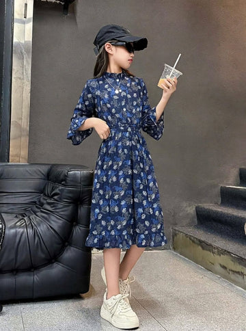 Girls' Floral Long Sleeve Flare Dress – Ruffle Cuff Cotton Party Dress (2-12 Years) | MH