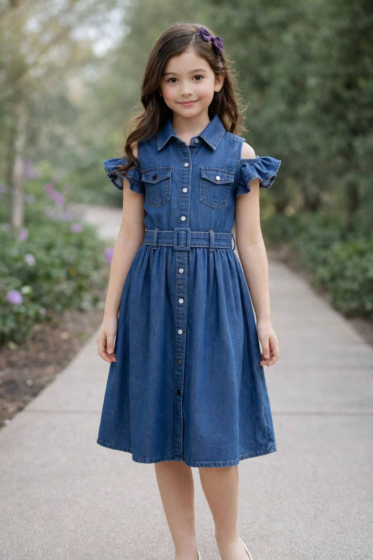 Girls Blue Denim Cold Shoulder Dress with Ruffle Sleeves & Belt – Casual Party Outfit (2–12 Years)