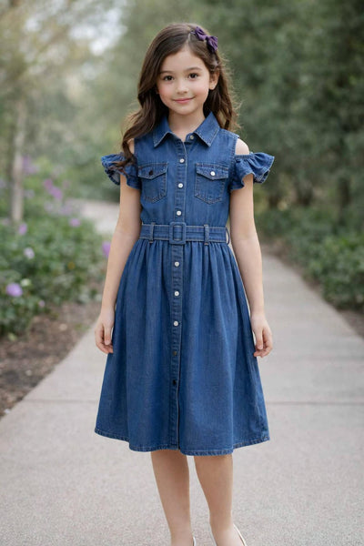 Girls Blue Denim Cold Shoulder Dress with Ruffle Sleeves & Belt – Casual Party Outfit (2–12 Years)