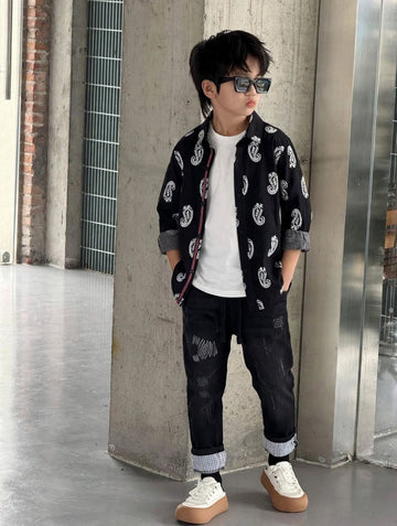 Boys Black & White Paisley Print Long Sleeve Shirt | Bold Bandana Pattern Smart Casual Street Style | Ages 3–14 Years | MH