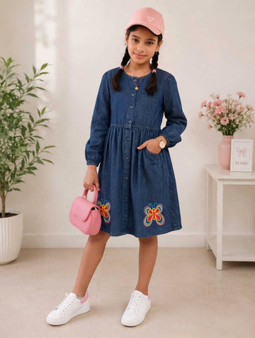 Girls Navy Blue Denim Long Sleeve Button Front Dress with Floral Embroidery (1–6Years)