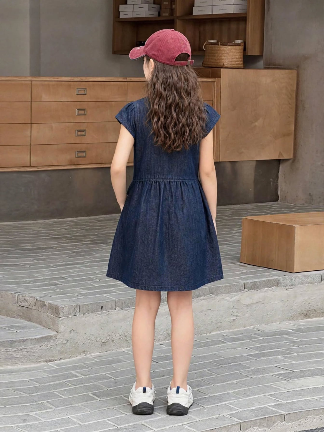 Girls Denim Dress with Butterfly Embroidery - Navy Blue Button Front Dress 1-6 Years