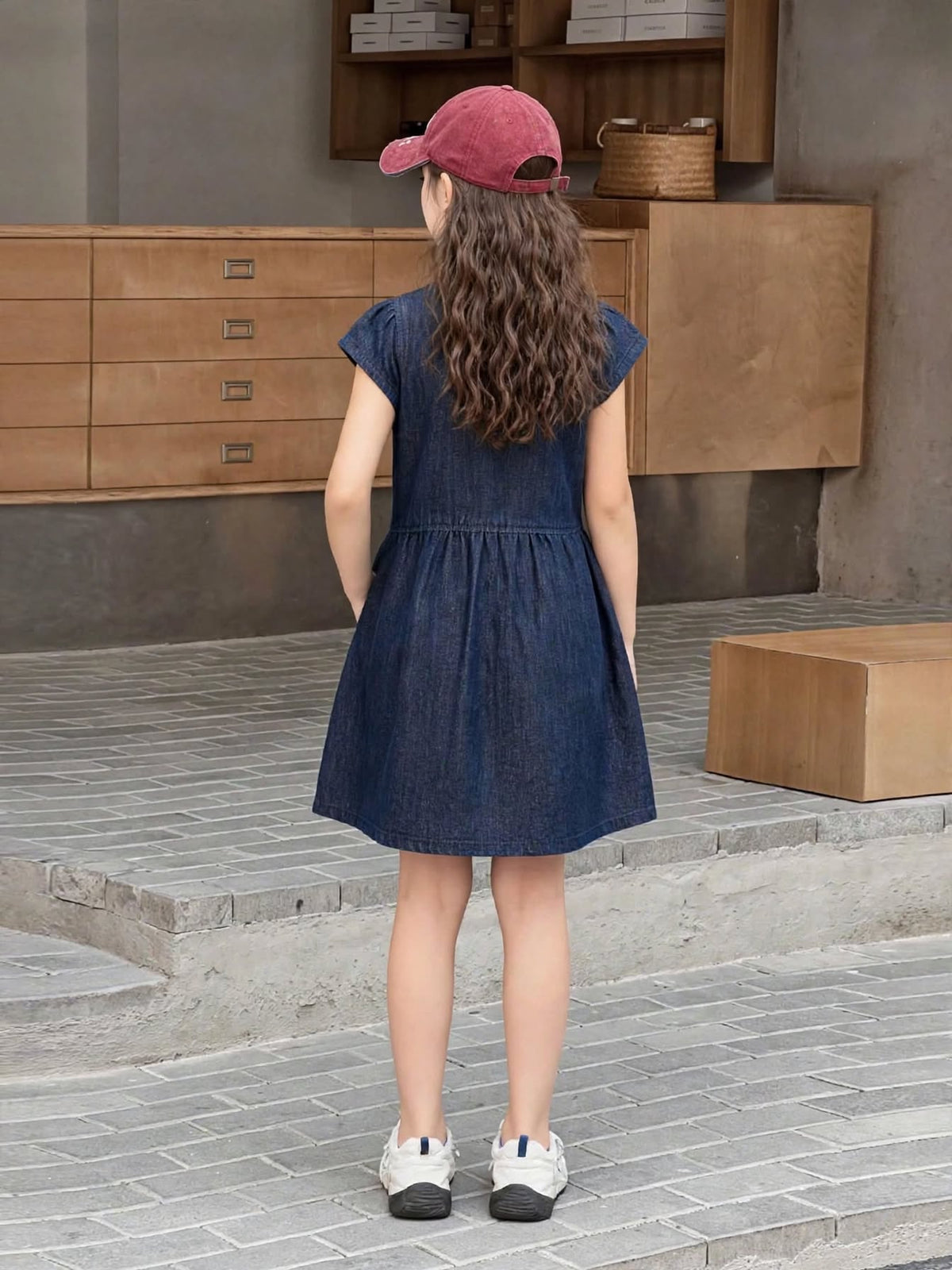 Girls Denim Dress with Butterfly Embroidery - Navy Blue Button Front Dress 1-6 Years