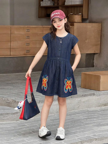Girls Denim Dress with Butterfly Embroidery - Navy Blue Button Front Dress 1-6 Years