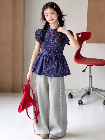 Girls Flower Printed Blue Denim Button-Down Tunic (2–12 Years)