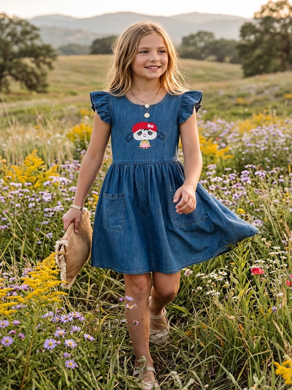 Girls' Denim Flutter Sleeve Dress – Embroidered Character A-Line Summer Dress (1-6 Years) | MH