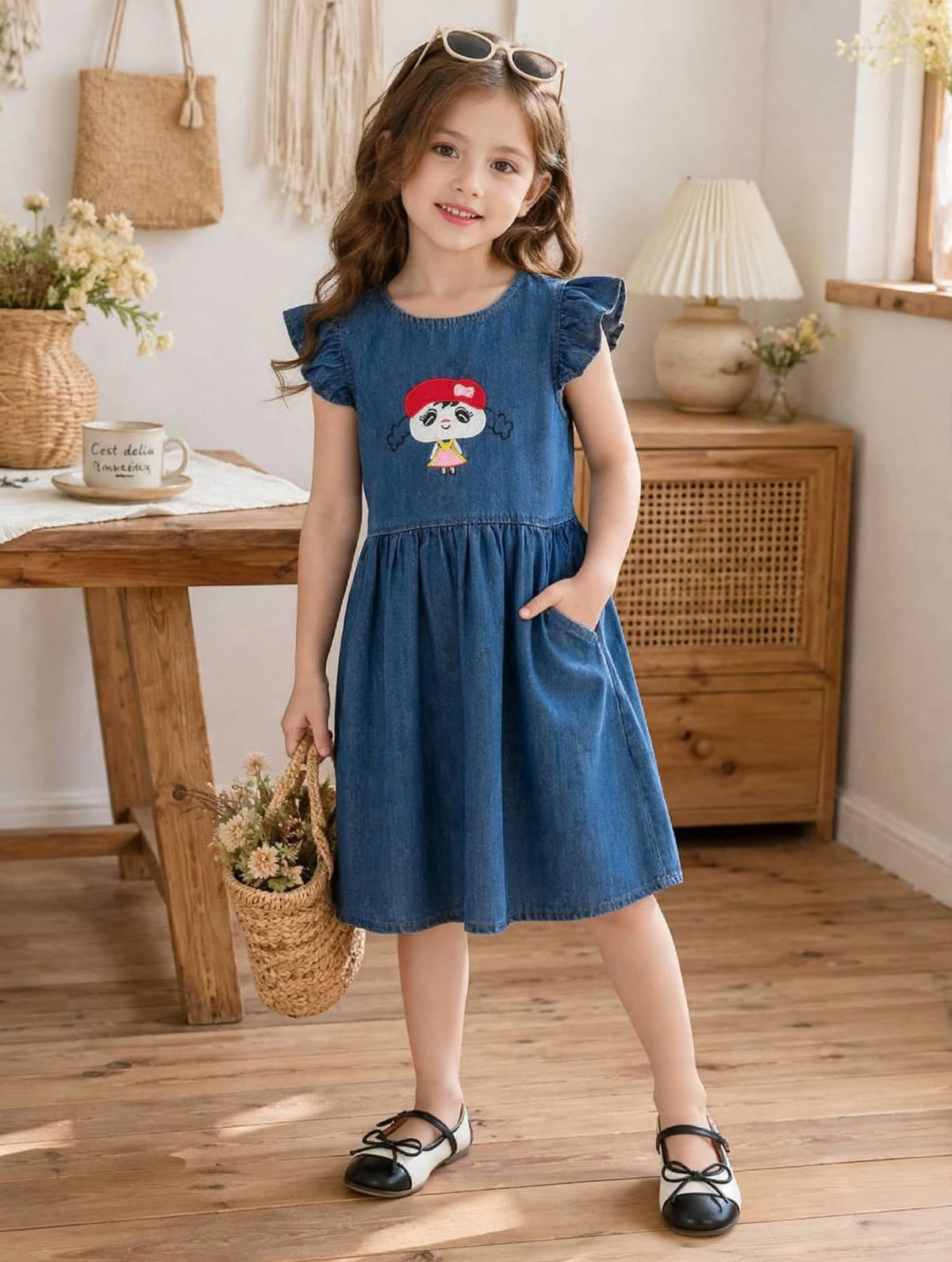 Girls' Denim Flutter Sleeve Dress – Embroidered Character A-Line Summer Dress (1-6 Years) | MH