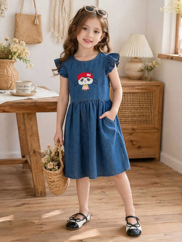 Girls' Denim Flutter Sleeve Dress – Embroidered Character A-Line Summer Dress (1-6 Years) | MH