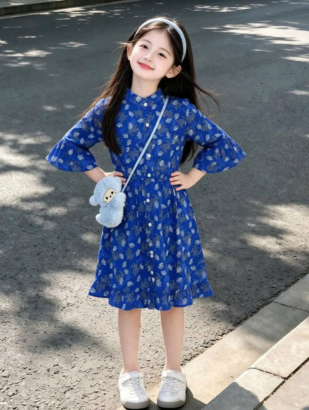 Girls' Floral Long Sleeve Flare Dress – Ruffle Cuff Cotton Party Dress (2-12 Years) | MH