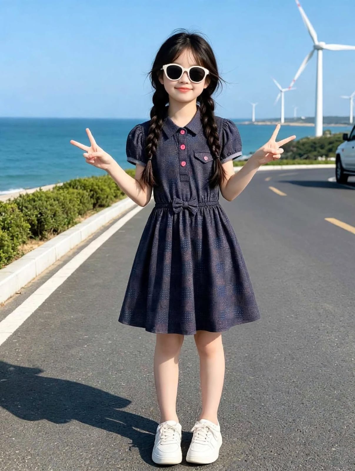 Girls Navy Blue Check Denim Shirt Dress with Waist Tie Belt (2–12 Years)