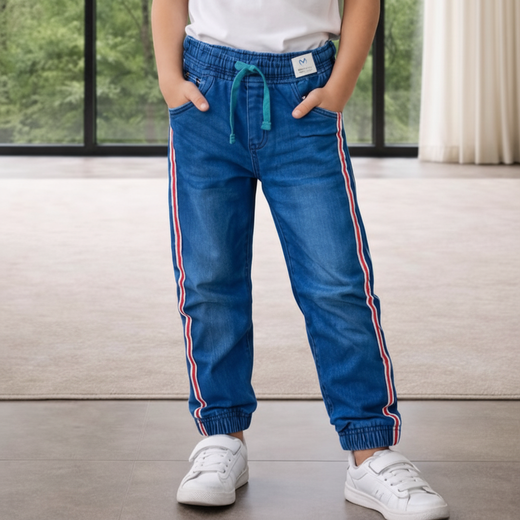Boys Blue Denim Jogger Jeans 7-12 Years - Casual Drawstring Denim Pants with Side Stripes | MH