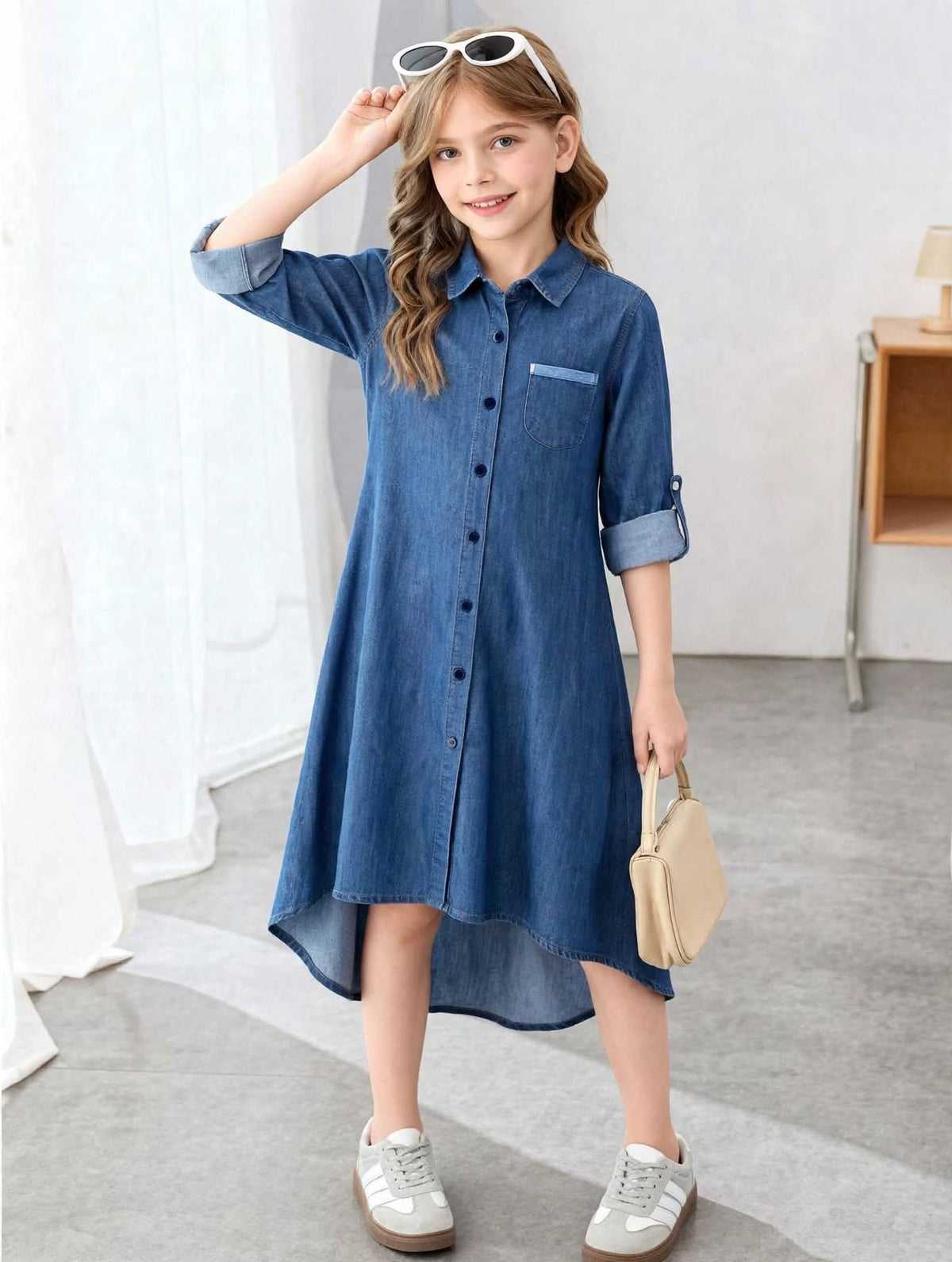 Classic Blue Denim Shirt Dress for Girls with Contrast Pocket Detail | MH