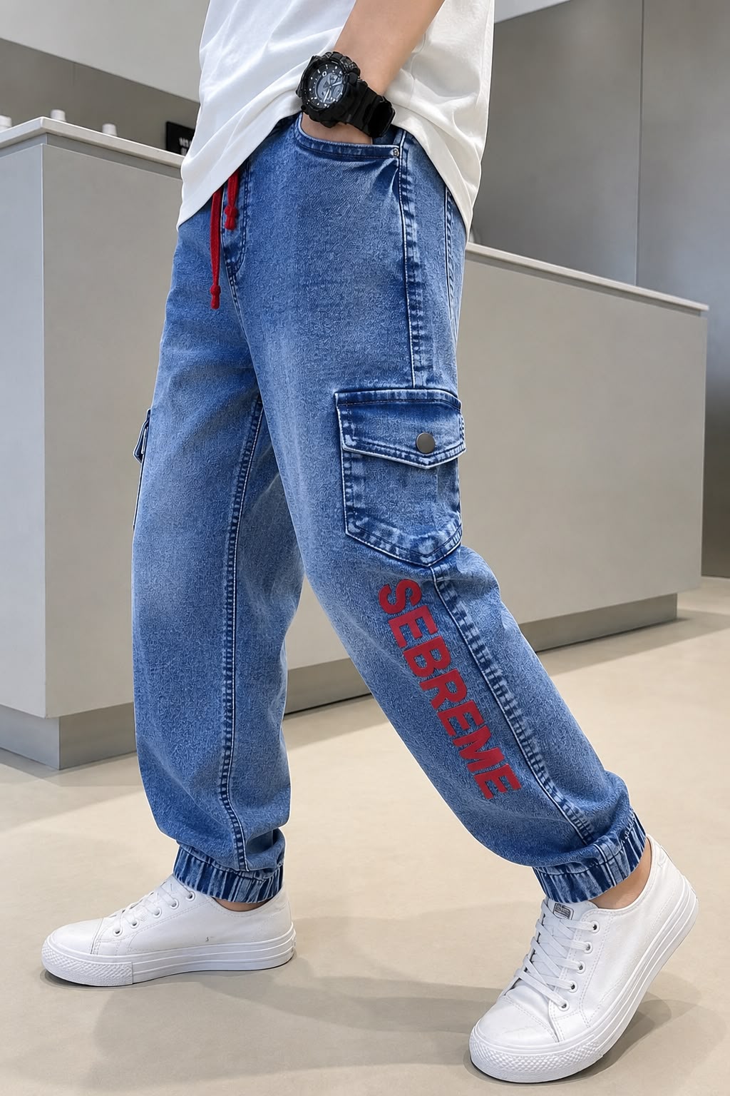 Boys' SEBREME Graphic Denim Cargo Joggers – Active Stretch Utility Jeans (1–12 Years)I MH