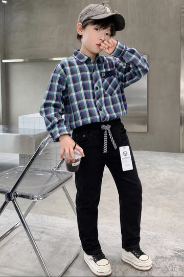 Navy checkered shirt with denim pants kids outfit