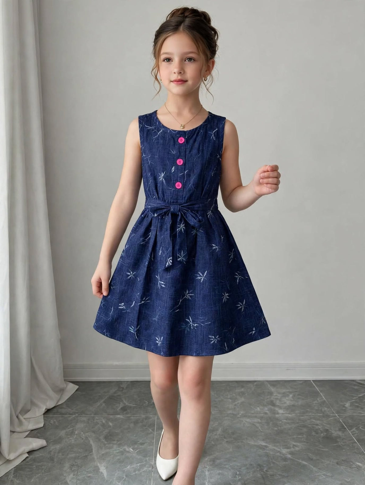 Charming Sleeveless Floral Girls Dress with Waist Bow Detail,Sizes(2-12Years) | MH