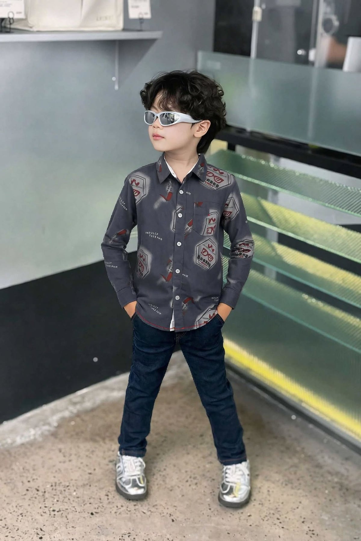 Boys Dark Grey Graphic Print Long Sleeve Shirt | Urban Street Style Badge Print | Ages 3–14 Years | MH